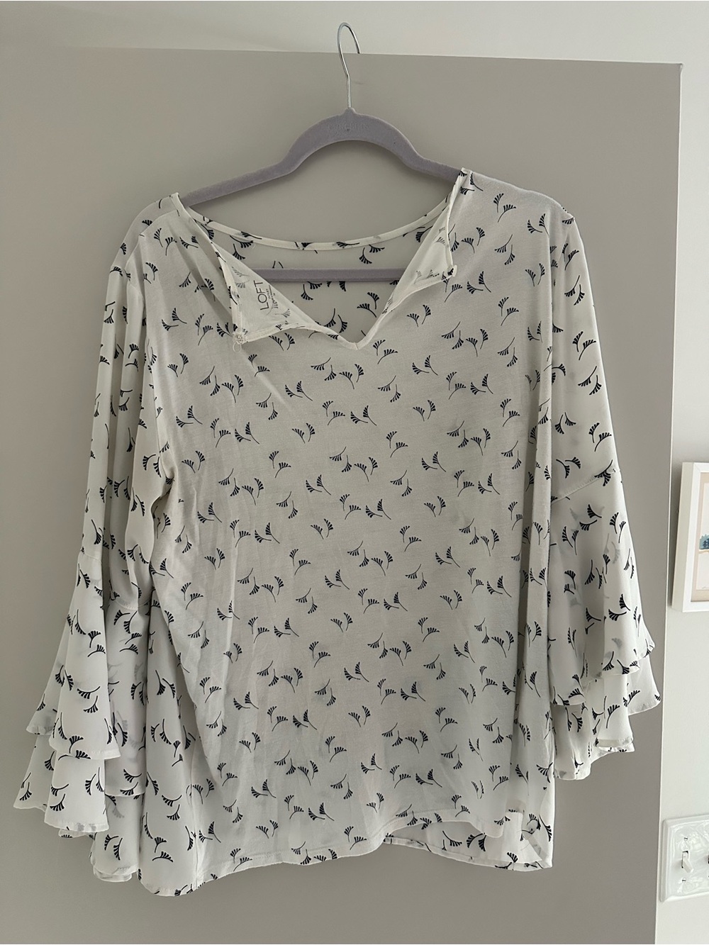 LOFT White Blouse with Navy Leaf Print and Ruffle Sleeves